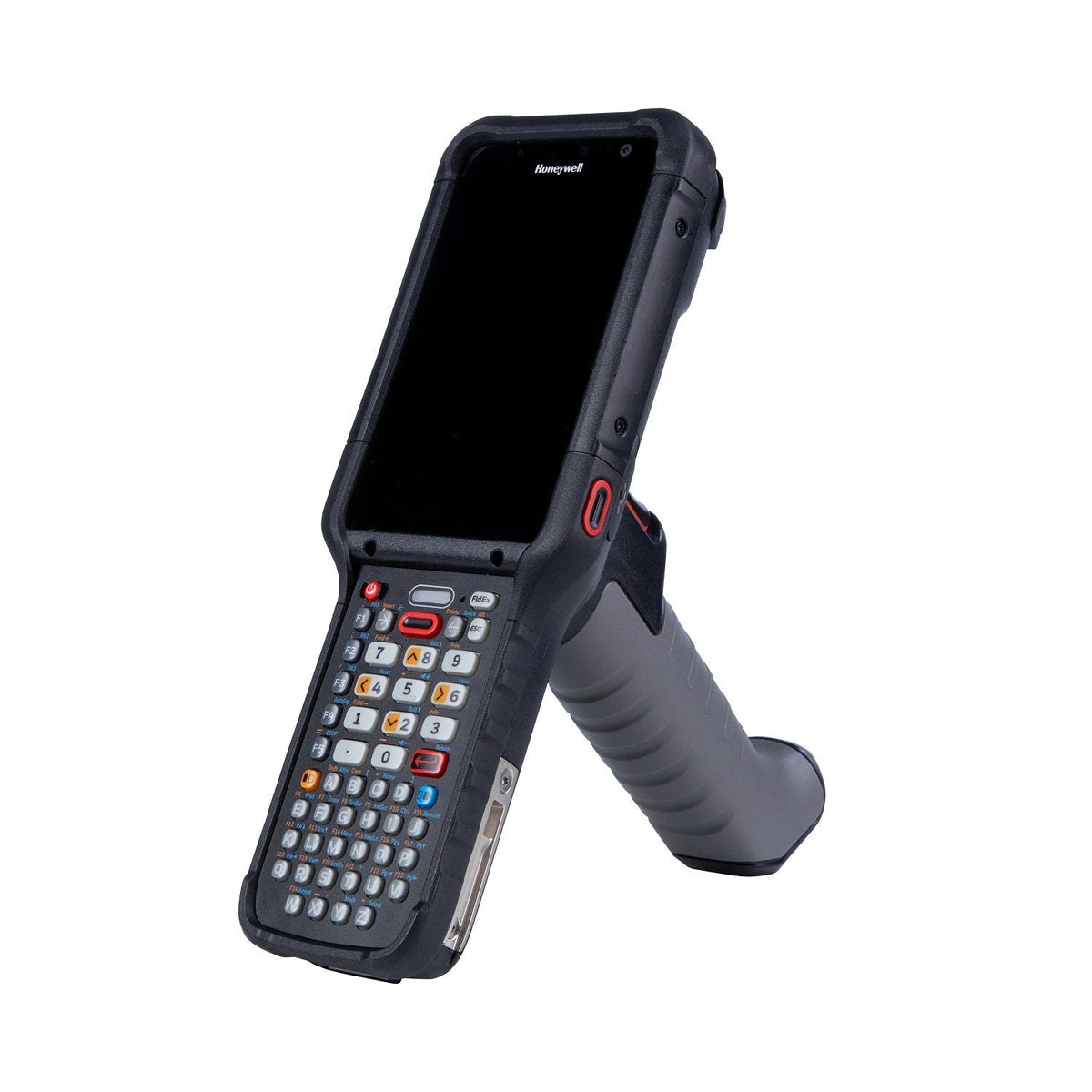 Honeywell CK67 ultra-rugged Android mobile computer, 51-key alphanumeric keypad, FlexRange 2D imager, 5G + Wi-Fi (CK67-X1N-58S1A0G) – angled view with scan handle