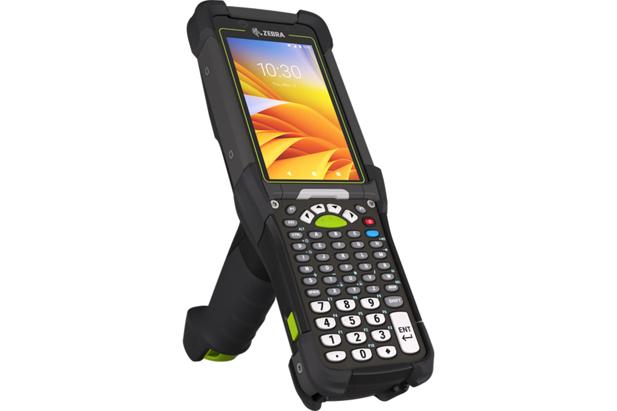 Zebra MC9450 rugged 5G keypad mobile computer, pistol grip, 53-key standard alphanumeric keypad (MC945B-3G1J6DSS-A6) – angled front view