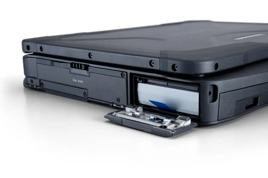 Panasonic TOUGHBOOK 40 mk2 (German QWERTZ, 4G) side view with open hot-swap battery bay and xPAK expansion area