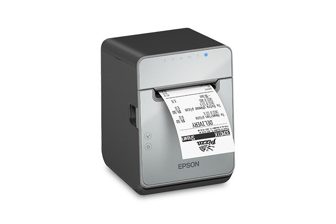 Epson TM-L100 liner-free label and receipt printer, black, USB + Ethernet (C31CJ52111) – right 3/4 view with receipt