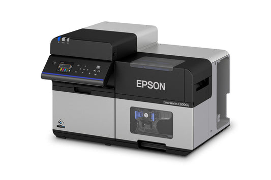 Epson ColorWorks C8000 colour label printer, high-speed 4-inch, auto cutter, gloss black ink, 1200 x 600 dpi, inkjet (C31CL02102BK) – angled left view