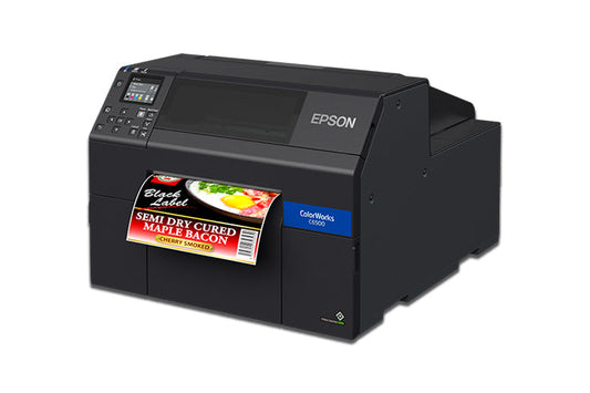 Epson ColorWorks C6500Ae colour label printer, 8-inch, auto cutter, gloss black ink, 1200 x 1200 dpi, inkjet (C31CH77102) – angled view with printed label