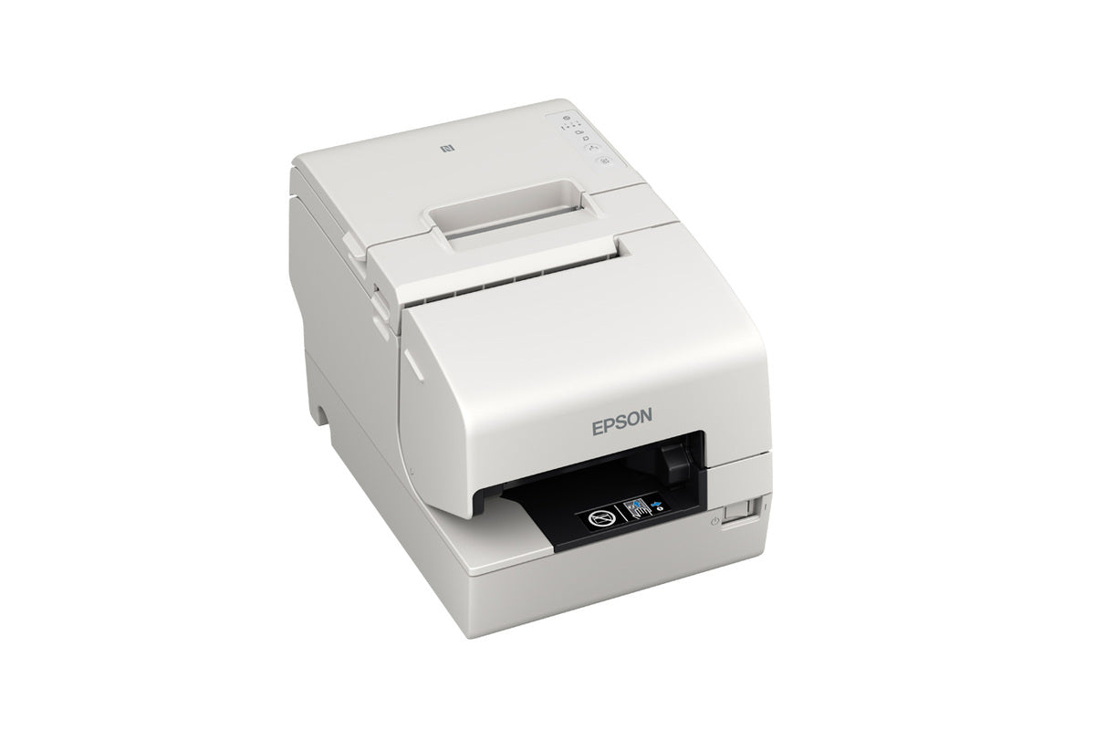 Epson TM-H6000VI hybrid multifunction POS receipt printer with MICR, white, serial (C31CL25111) – right 3/4 view