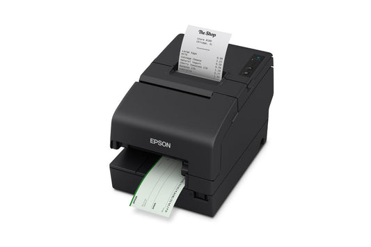 Epson TM-H6000VI hybrid multifunction POS receipt printer with MICR, black, serial (C31CL25112) – processing a cheque and printing a receipt