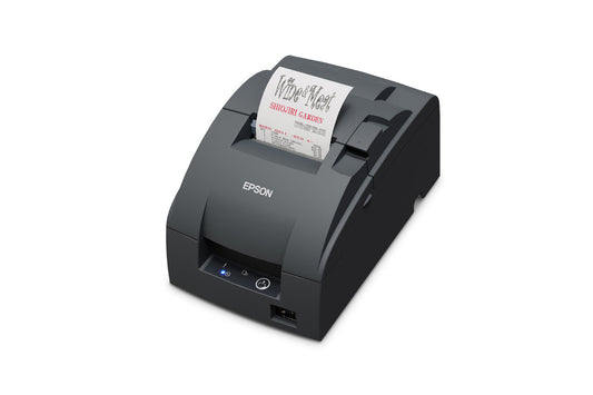 Epson TM-U220IID compact impact dot matrix POS receipt printer, dark grey, serial (C31CL28102) – 3/4 view with receipt