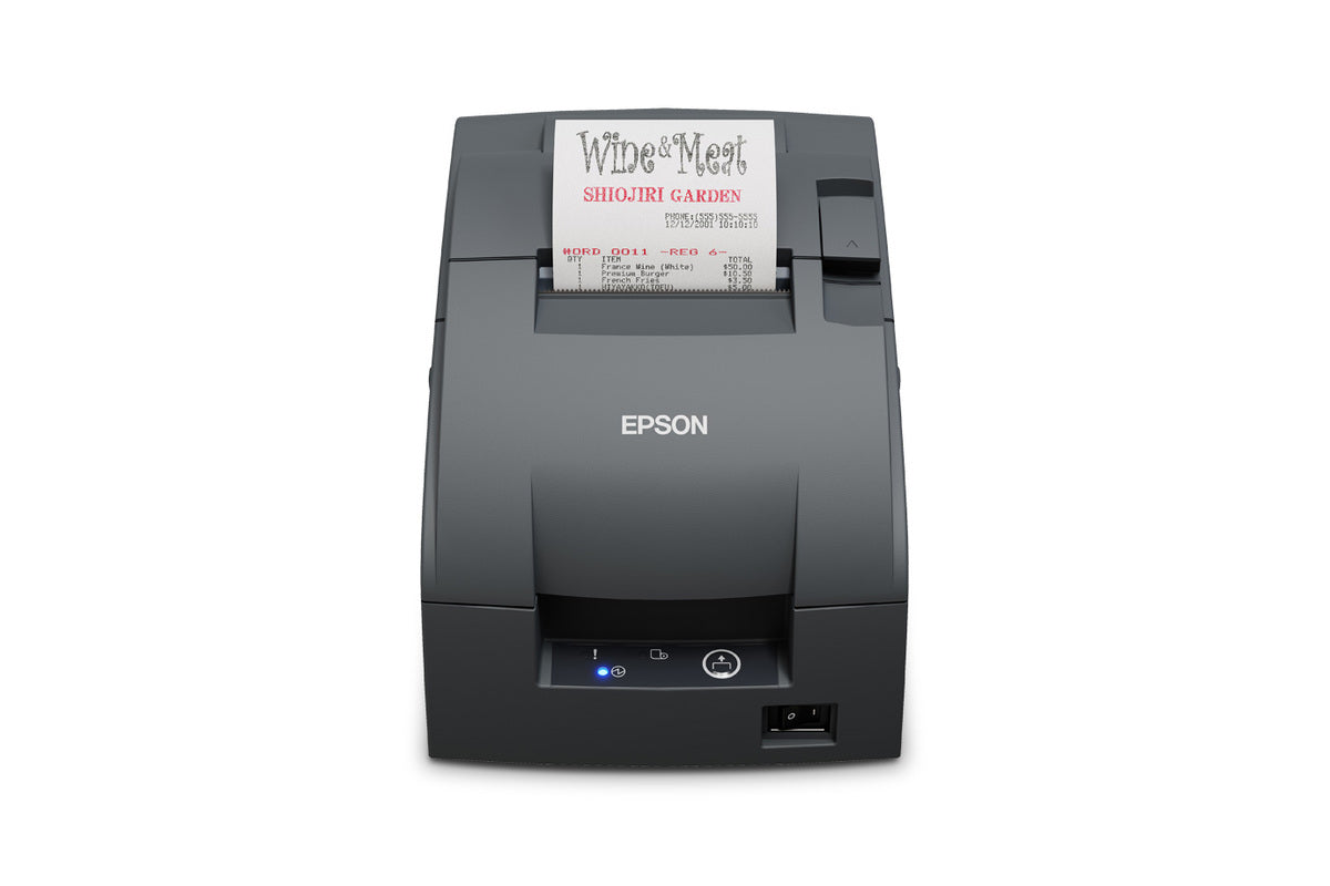 Epson TM-U220IIB impact dot matrix POS receipt printer with autocutter, dark grey (Epson Dark Grey), USB (C31CL27102B0) – front view printing a receipt