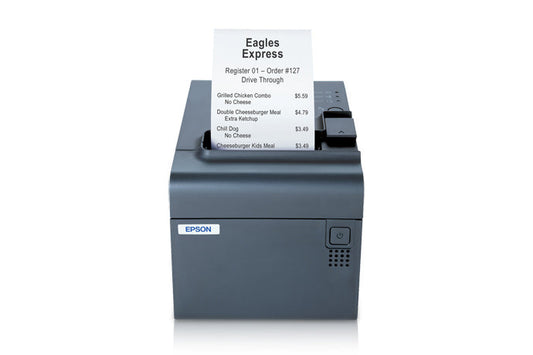 Epson TM-L90LF liner-free label and receipt printer, dark grey, serial + USB (C31C412682) – angled view