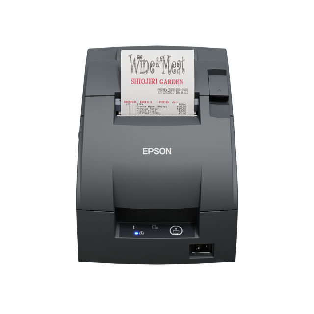 Epson TM-U220IID compact impact dot matrix POS receipt printer, dark grey, serial (C31CL28102F0) – front view with receipt