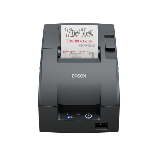 Epson TM-U220IID compact impact dot matrix POS receipt printer, dark grey, serial (C31CL28102F0) – front view with receipt