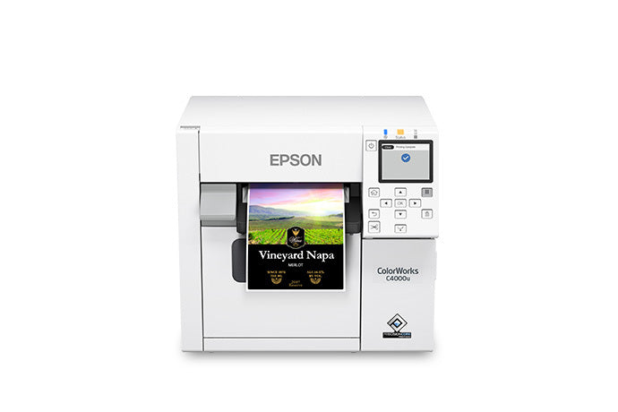 Epson ColorWorks C4000 colour label printer, 4-inch, auto cutter, gloss black ink, 1200 x 1200 dpi, inkjet (C31CK03102BK) – front view with printed label