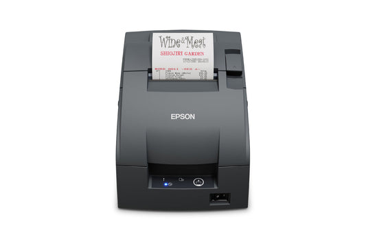 Epson TM-U220IIB impact dot matrix POS receipt printer with autocutter, dark grey (Epson Dark Grey), parallel (C31CL27102P0) – front view printing a receipt