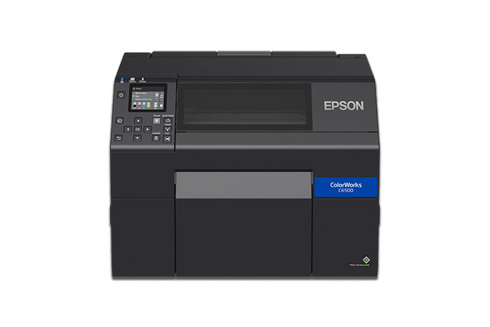 Epson ColorWorks C6500Ae colour label printer, 8-inch, auto cutter, matte black ink, 1200 x 1200 dpi, inkjet (C31CH77102MK) – head-on view