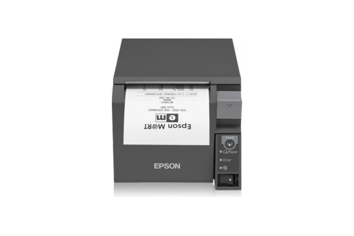 Epson TM-T70II front-loading POS receipt printer, dark grey, serial + USB (C31CD38032) – front view