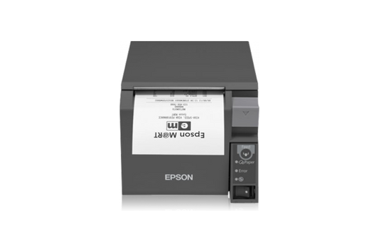 Epson TM-T70II front-loading POS receipt printer, dark grey, serial + USB (C31CD38032) – front view