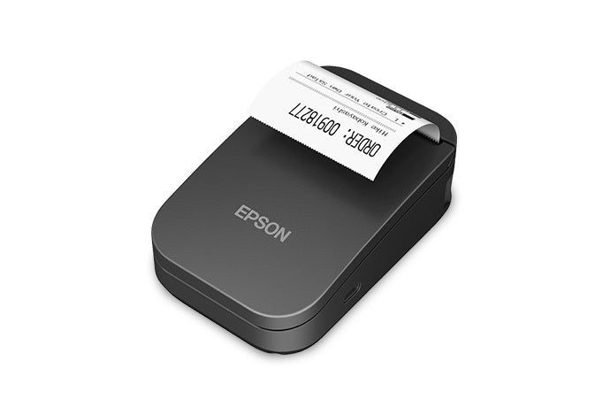 Epson TM-P20II 2-inch mobile receipt printer, Wi-Fi, USB-C, black (C31CJ99111) – left 3/4 view with receipt