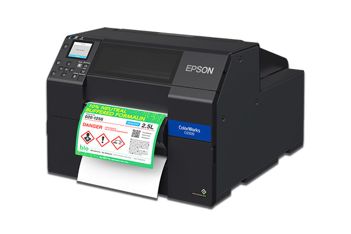 Epson ColorWorks C6500Pe colour label printer, 8-inch, peel-and-present, gloss black ink, 1200 x 1200 dpi, inkjet (C31CH77202) – angled view with peeled label