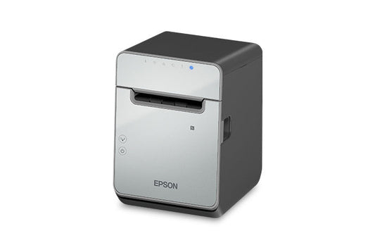 Epson TM-L100 liner-free label and receipt printer, black, USB + Ethernet + serial (C31CJ52103) – left 3/4 view