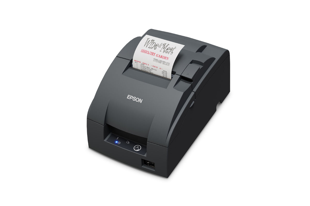 Epson TM-U220IIB impact dot matrix POS receipt printer with autocutter, dark grey (Epson Dark Grey), Ethernet (C31CL27142F3) – left 3/4 view with receipt