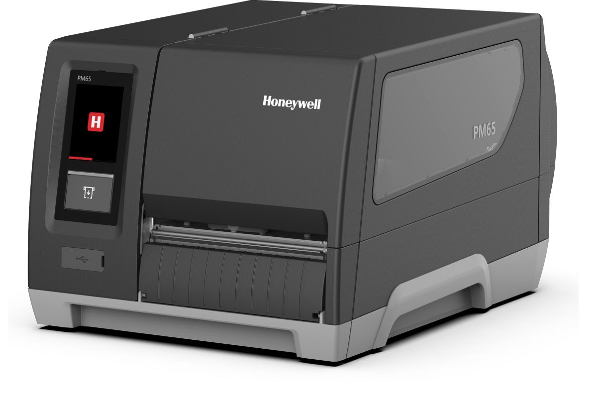 Honeywell PM65 industrial label printer, full touch display, tear bar, 300 dpi, thermal transfer (PM65A10000000300) – angled front view