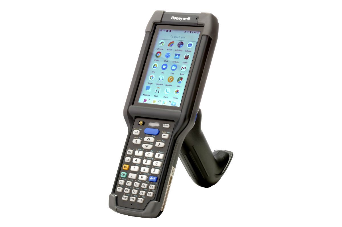 Honeywell CK65 rugged Android mobile computer, 38-key numeric-function keypad, EX20 2D imager, Wi-Fi only (CK65-L0N-DMC210E) – front view with scan handle