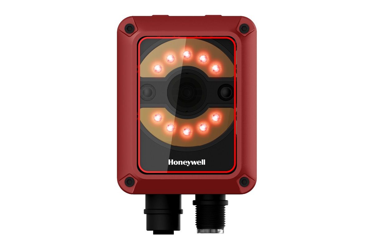 Honeywell HF810 fixed-mount industrial 2D scanner (HF810-01RT00004K-R) – front view with M12 connectors