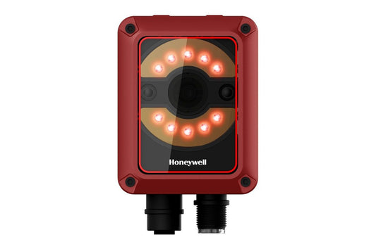 Honeywell HF810 fixed-mount industrial 2D scanner (HF810-11RT00004K-R) – front view with M12 connectors