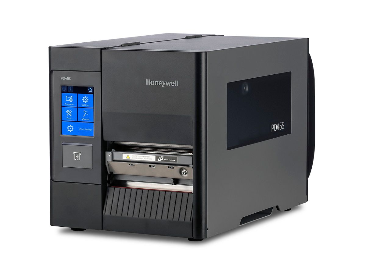 Honeywell PD45S1F industrial label printer, 3.5-inch colour touchscreen, tear bar, 203 dpi, thermal transfer (PD45S1FE010000200) – angled left view