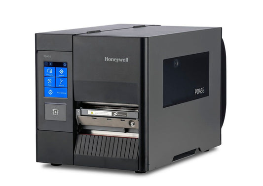 Honeywell PD45S industrial label printer, 3.5-inch colour touchscreen, tear bar, 300 dpi, thermal transfer (PD45S0FE010000300) – angled left view
