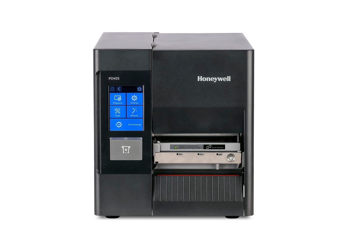Honeywell PD45S industrial label printer, 3.5-inch colour touchscreen, tear bar, 300 dpi, thermal transfer (PD45S0FE010000300) – front view