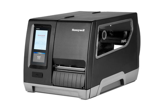 Honeywell PM45 industrial label printer, full touch display, tear bar, 406 dpi, thermal transfer (PM45A10000000400) – angled front view
