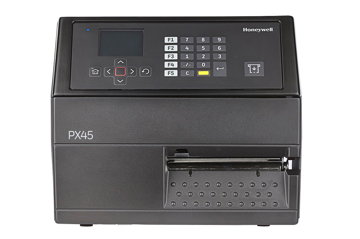 Honeywell PX45 industrial label printer, LCD display with keypad, tear bar, 406 dpi, thermal transfer (PX45A00000000400) – front view