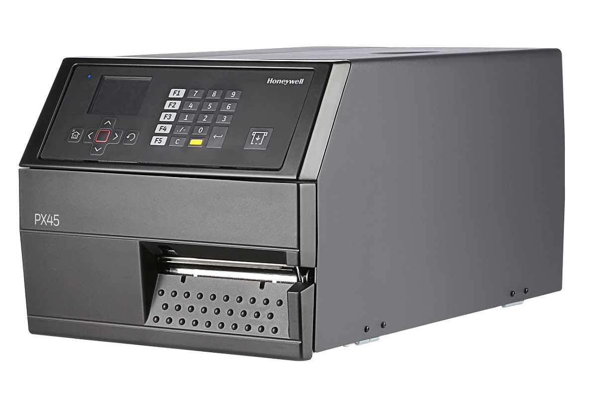 Honeywell PX45 industrial label printer, LCD display with keypad, tear bar, UHF RFID, 203 dpi, thermal transfer (PX45A00EU0000200) – left angled view