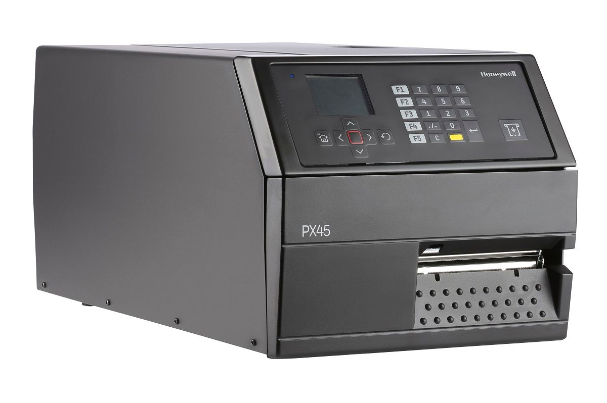 Honeywell PX45 industrial label printer, LCD display with keypad, tear bar, parallel port, 203 dpi, thermal transfer (PX45A00010000200) – right angled view
