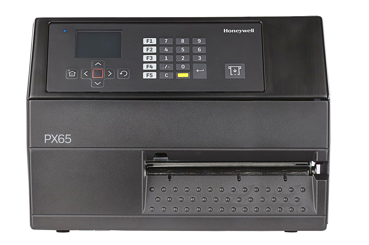 Honeywell PX65 industrial label printer, LCD display with keypad, tear bar, 203 dpi, thermal transfer (PX65A00000000200) – front view