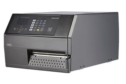 Honeywell PX65 industrial label printer, LCD display with keypad, tear bar, Wi-Fi, 300 dpi, thermal transfer (PX65A02000000300) – left angled view