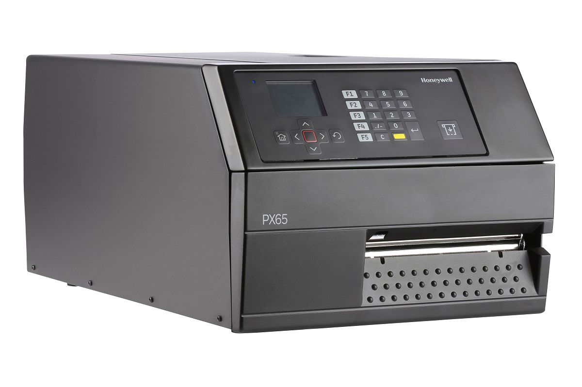 Honeywell PX65 industrial label printer, LCD display with keypad, tear bar, parallel port, 300 dpi, thermal transfer (PX65A00010000300) – right angled view