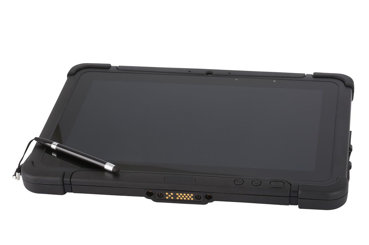 Honeywell RT10A 10.1" rugged Android tablet with N6703 standard-range imager, 4G LTE (RT10A-L1N-17C12S0E) – angled view with stylus
