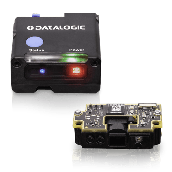 Datalogic Gryphon GFE4590 housing-less 2D scan engine (GFE4590-RED) – housed module (top) and housing-less OEM engine (bottom)