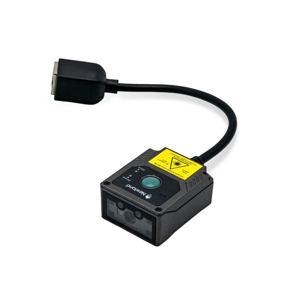 Newland FM430 Barracuda fixed-mount 2D scanner, green LED aimer, short USB kit (NLS-FM430-00) – 3/4 view with attached cable