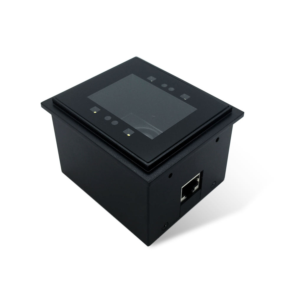 Newland FM3056 Grouper flush-glass fixed-mount 2D scanner, RS-232 kit with power adapter (NLS-FM3056-28) – 3/4 view of the flush glass front