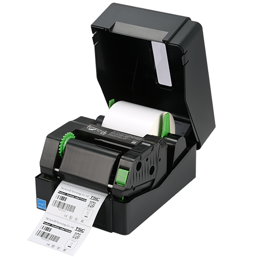 TSC TE310 desktop thermal transfer label printer, 300 dpi, USB/Ethernet/RS-232, black (99-065A901-00LF00) – open cover, ribbon and media loaded