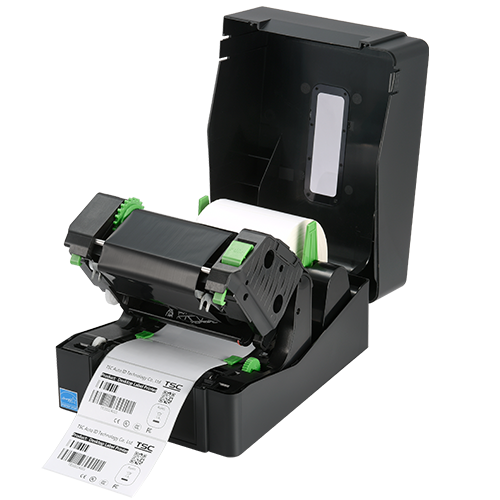TSC TE200 desktop thermal transfer label printer, 203 dpi, USB, Bluetooth, black (99-065A101-U1LF00) – open cover, ribbon mechanism
