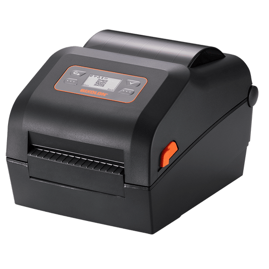 BIXOLON XD5-40d 4-inch direct thermal desktop label printer, black (XD5-40DEK/BEG) – front view with LCD