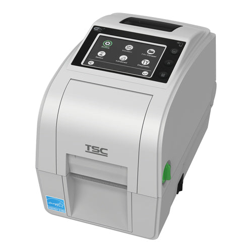 TSC TH220THC 2-inch healthcare desktop thermal transfer label printer, 203 dpi, white (TH220HC-A001-0002) – front 3/4 view, touch display