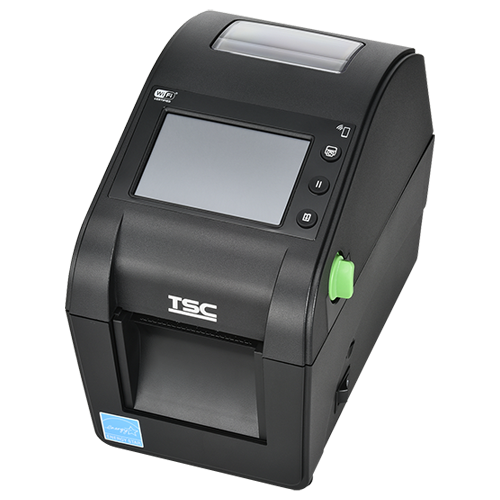 TSC DH320T 2-inch desktop direct thermal label printer, 300 dpi, touch display, black (DH320-A001-0002) – angled view