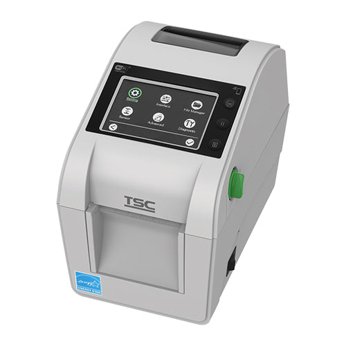 TSC DH320THC 2-inch healthcare desktop direct thermal label printer, 300 dpi, touch display, white (DH320HC-A001-0002) – angled view