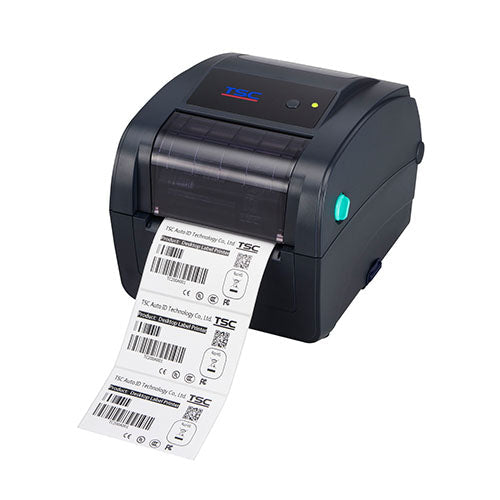 TSC TC300 4-inch thermal transfer desktop label printer, 300 dpi, LED, USB + RS-232 + parallel + Ethernet, navy (99-059A004-7002) – angled view