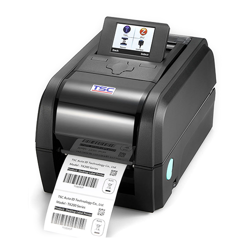 TSC TX210 4-inch desktop thermal transfer label printer, 203 dpi, LED, black (TX210-A001-1303) – angled view