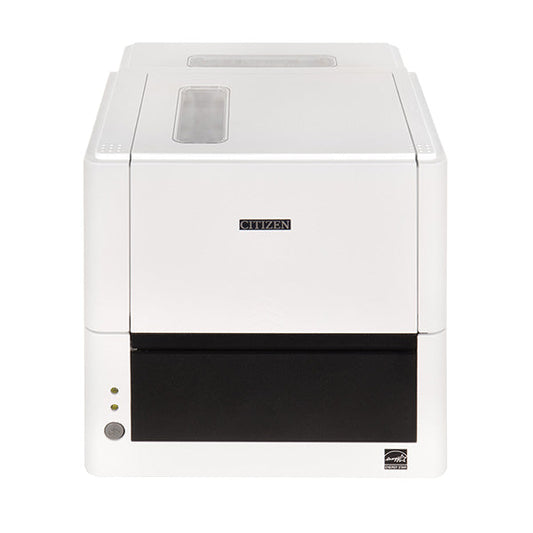Citizen CL-E321 4-inch thermal transfer desktop label printer, 203 dpi, USB, RS-232 and Ethernet, pure white (CLE321XEWXXX) – angled front view