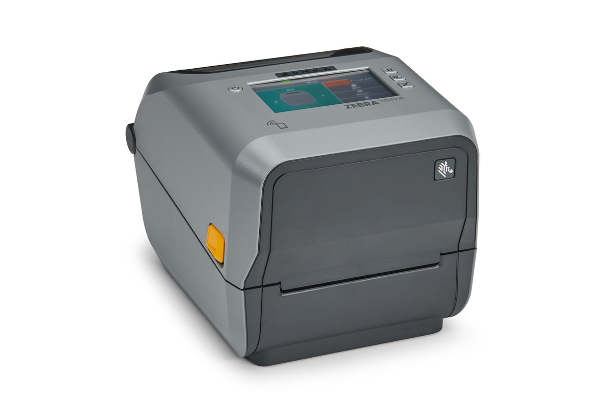 Zebra ZD621R 4-inch thermal transfer UHF RFID desktop label printer, grey, colour touch display, 203 dpi, tear-off, Ethernet + Wi-Fi 6 + Bluetooth 5.3 (ZD6A142-30ERR2EZ) – angled view
